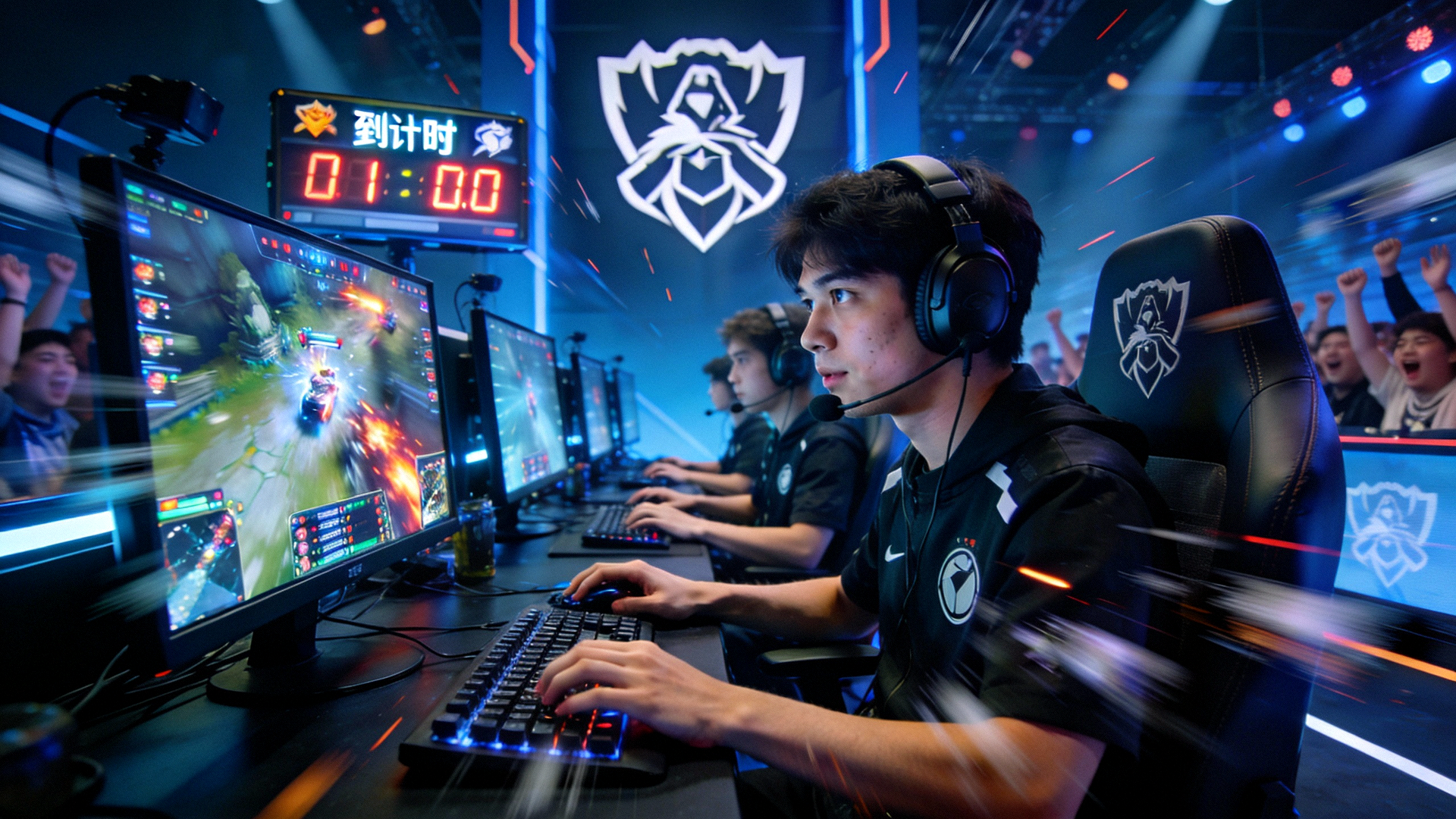 电竞选手在比赛中专注操作的激烈对战画面