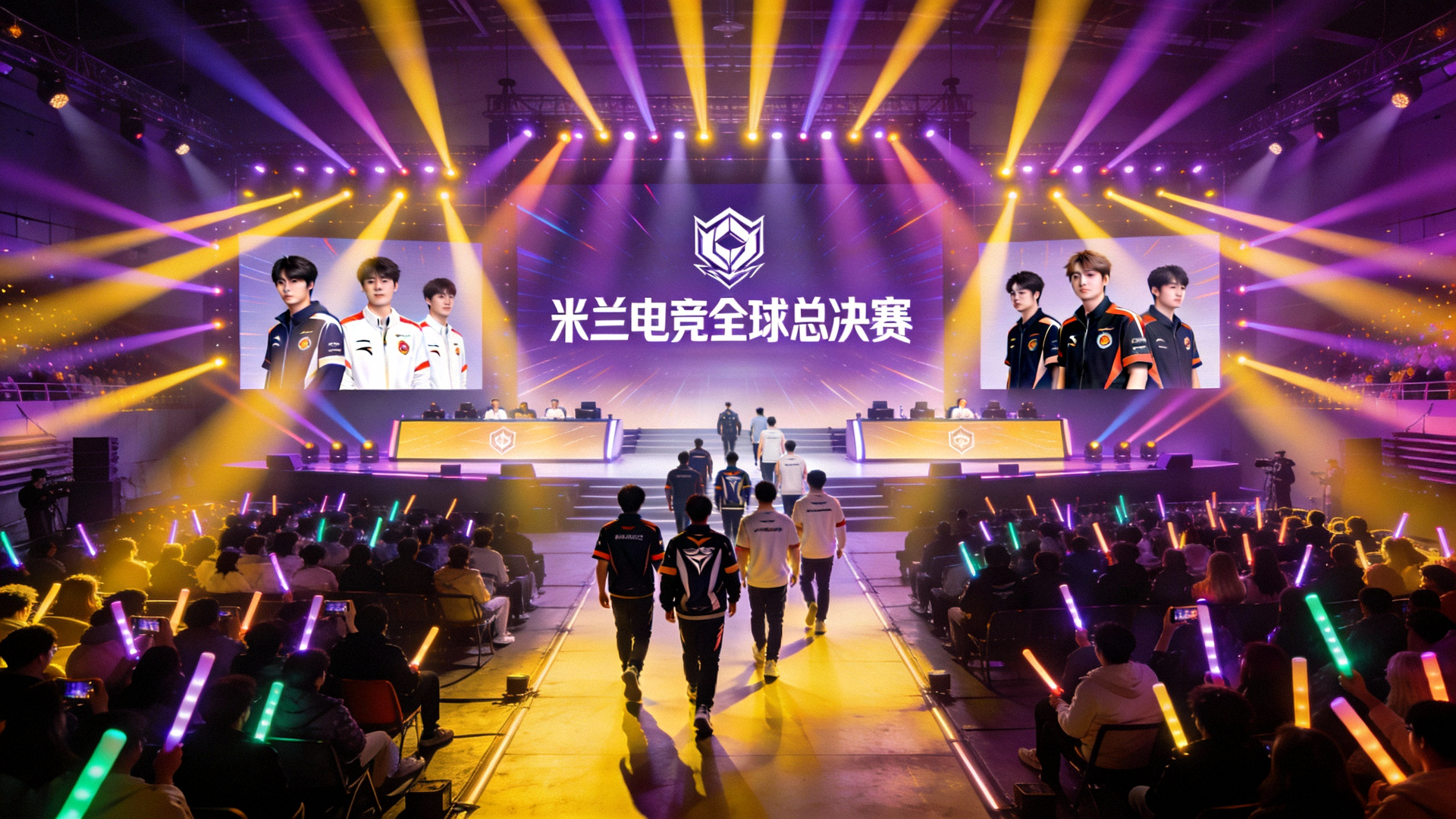 米兰电竞全球总决赛盛大开幕现场，灯光璀璨，选手入场