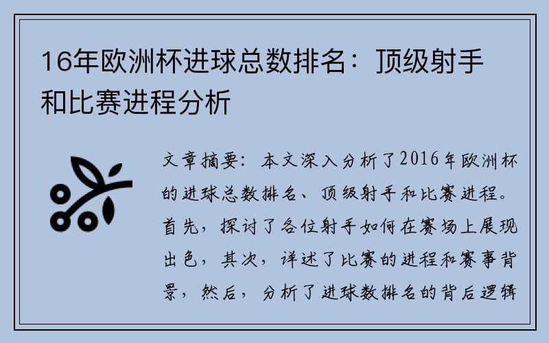 16年欧洲杯进球总数排名：顶级射手和比赛进程分析