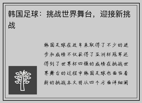 韩国足球：挑战世界舞台，迎接新挑战